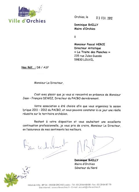 Remerciements du maire d'Orchies pour la saison lyrique